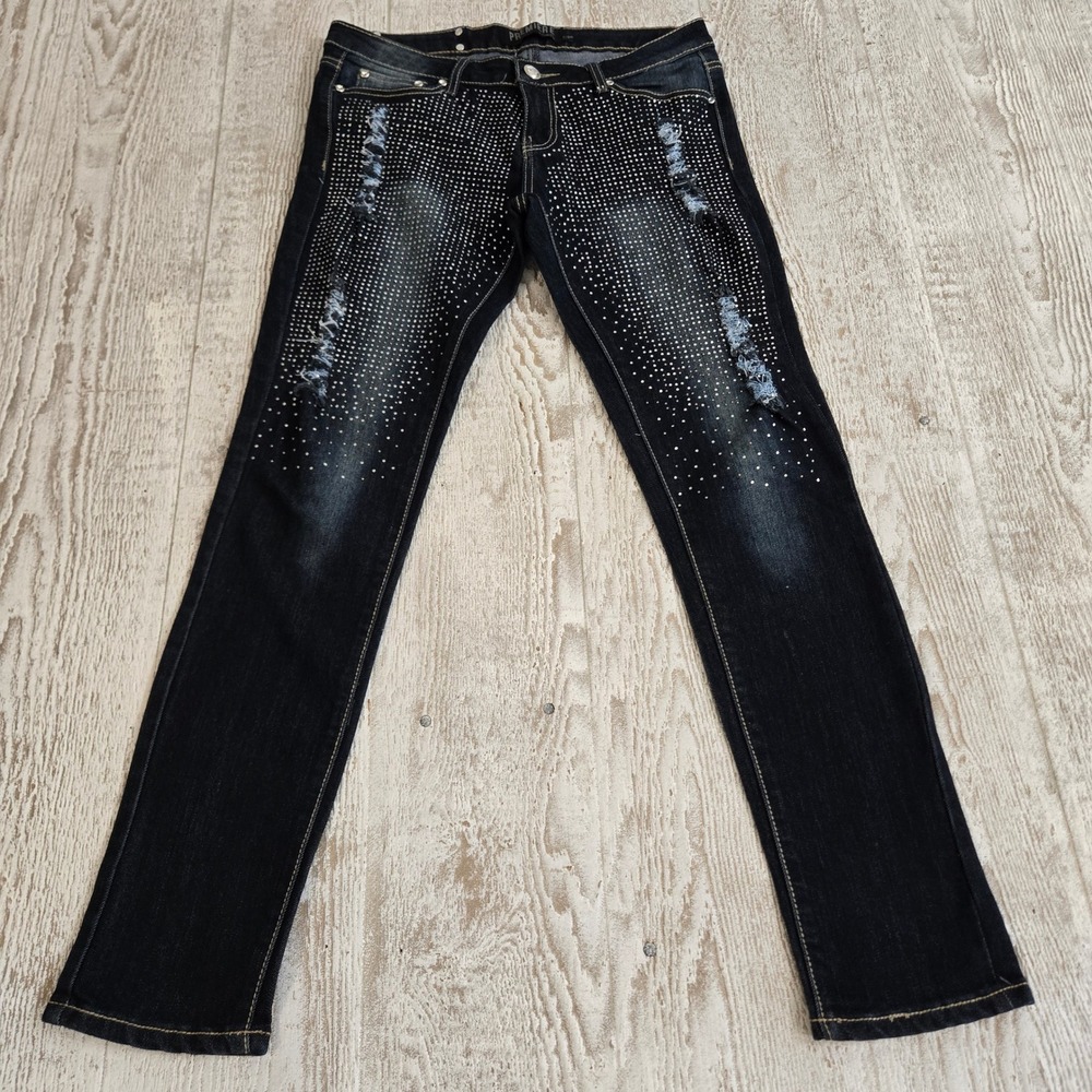Premiere by rue21 Rhinestone Distressed Skinny Jeans Dark Wash Size 7/8R
